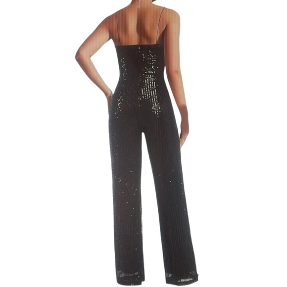 Sequined evening spaghetti strap zip back glitzy wide leg jumper Sz XL in blk - Picture 3 of 5